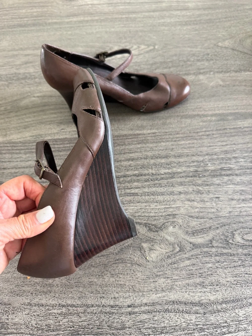Bass Brown Leather Mary Jane Wedge Heels